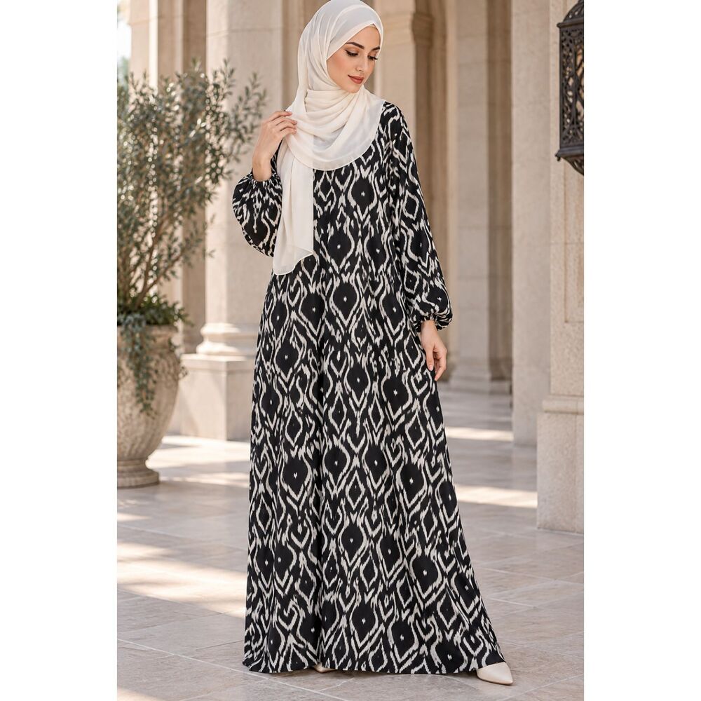 Bazar Al Haya Sadia Black White Modest Maxi Dress Abaya Kaftan L NWT